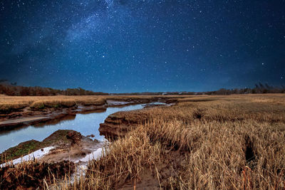 Night stars over the marsh and sesuit creek in east dennis in winter