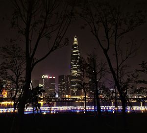 Illuminated buildings against sky at night