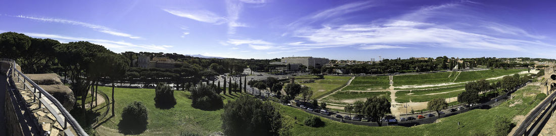 High angle view of trees on land against sky