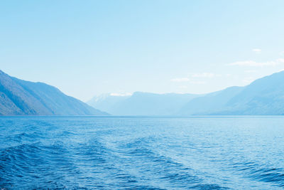 Scenic view of sea and mountains against clear sky