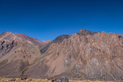 Scenic view of mountains against clear blue sky