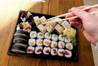 High angle view of sushi in tray