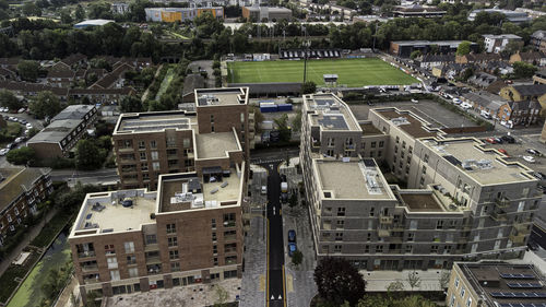 High angle view of buildings in city