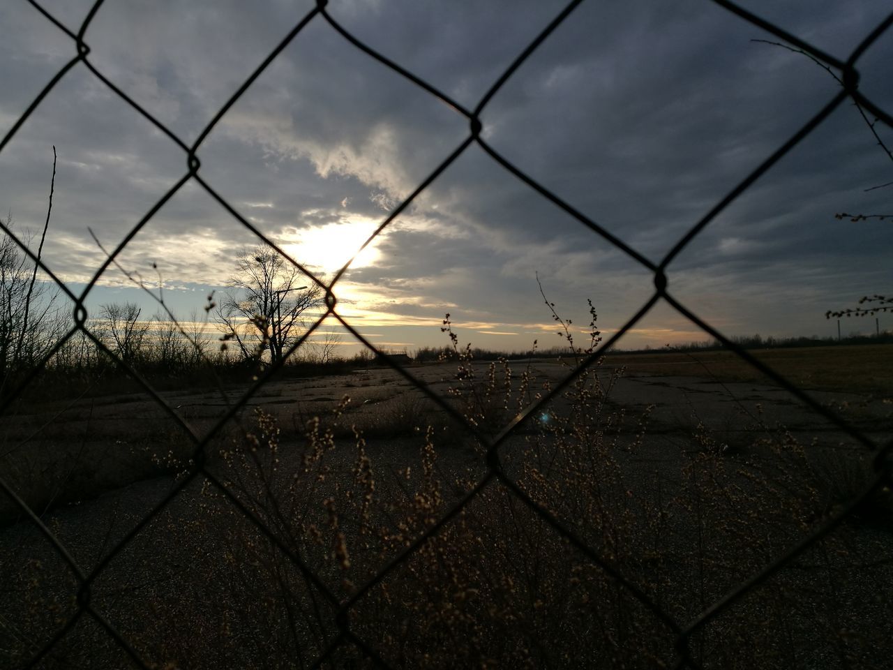 CLOSE-UP OF BARBED WIRE FENCE AT SUNSET