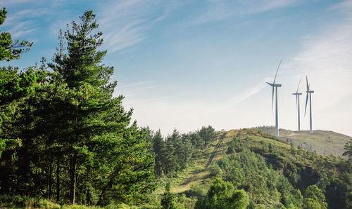 Wind turbines on field against sky