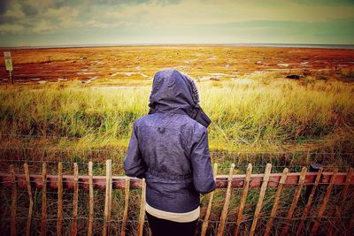 Rear view of man looking at field