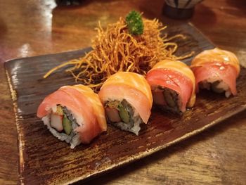 Close-up of sushi in plate on table