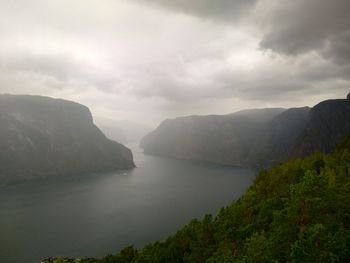 Scenic view of sea and mountains against sky