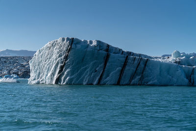 Scenic view of sea and iceberg against clear blue sky