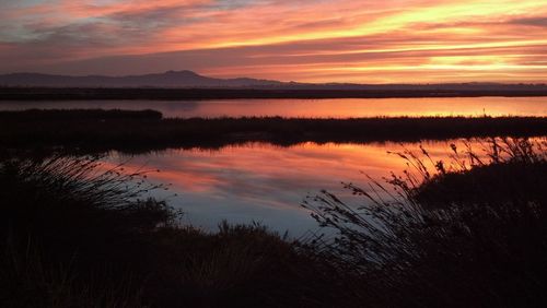 Scenic view of lake at sunset