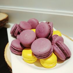 Close-up of multi colored macarons on table