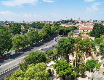 High angle view of trees and buildings in city