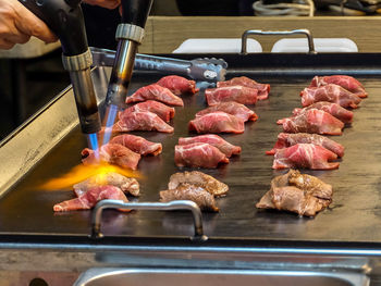 High angle view of person preparing food in kitchen