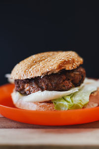 Close-up of burger in plate