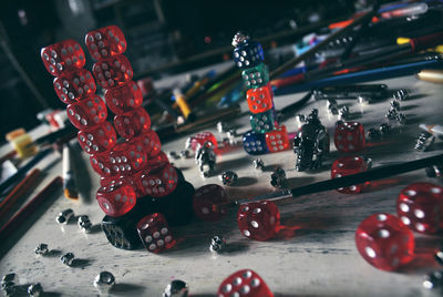 High angle view of toys on table