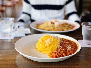 Close-up of food served on table