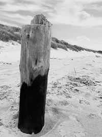 Close-up of wooden post on beach
