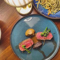 High angle view of food served on table