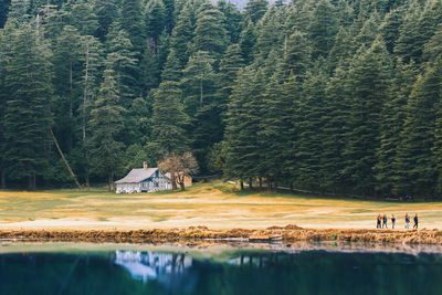 Scenic view of trees and houses by mountain