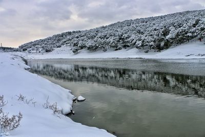 Scenic view of lake with mountains in background