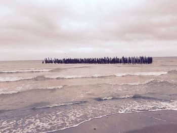 Panoramic view of people on beach against sky