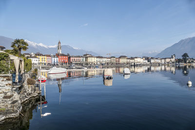 Scenic view of sea by buildings against blue sky