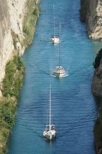 High angle view of sailboat sailing on sea