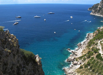 Group of yachts anchored in bay of mediterranean sea