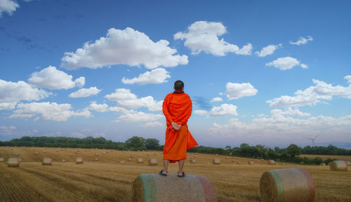 Rear view of man on field against sky