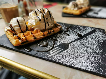Close-up of chocolate cake on table