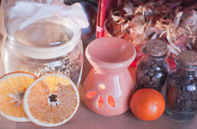 High angle view of fruits in glass on table
