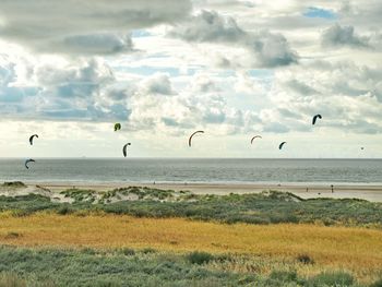 Flock of birds flying over sea against cloudy sky