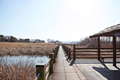 View of bridge over calm lake against clear sky