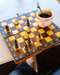 High angle view of coffee cup on table