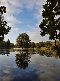 Reflection of trees in lake against sky