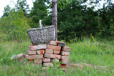 Stack of bricks in basket on field