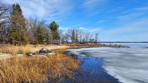 Scenic view of lake against blue sky