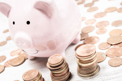 High angle view of coins on table