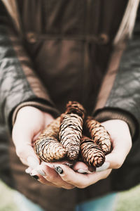 Midsection of woman holding pine cones while standing outdoors