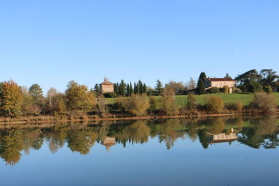 Reflection of trees in lake against clear blue sky