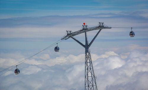 Low angle view of overhead cable car against cloudy sky