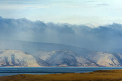 Scenic view of lake and mountains against sky