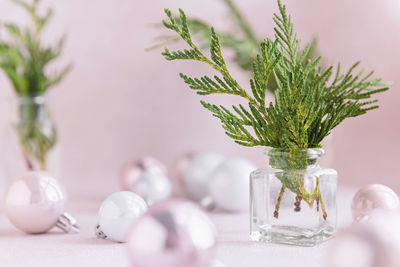 Close-up of christmas decorations on table