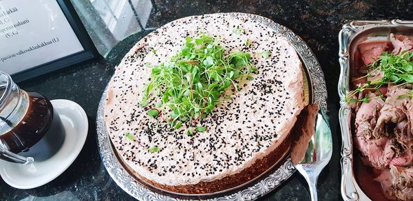High angle view of breakfast on table