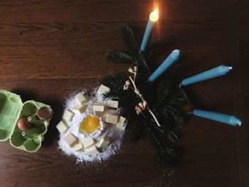 High angle view of dessert on table