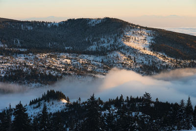 Scenic view of snowcapped mountains against sky during sunset