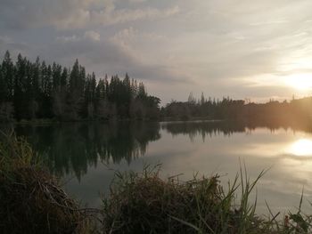 Scenic view of lake against sky at sunset