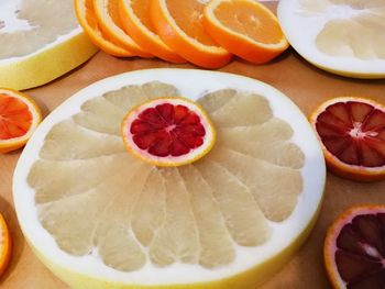 High angle view of orange slices on table