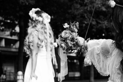 Rear view of two women