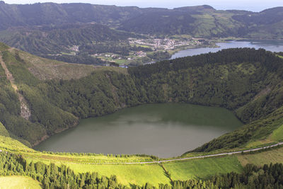 High angle view of lake and mountains